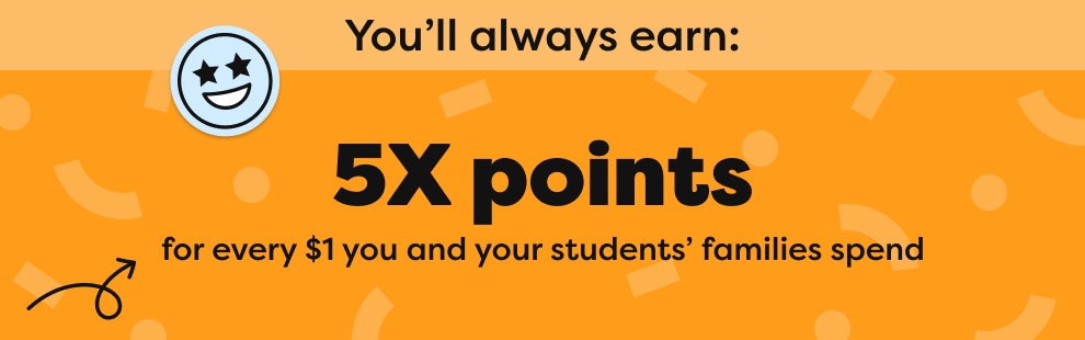 5X points for every $1 you and your students' families spend 5X points for every $1 you and your students' families spend